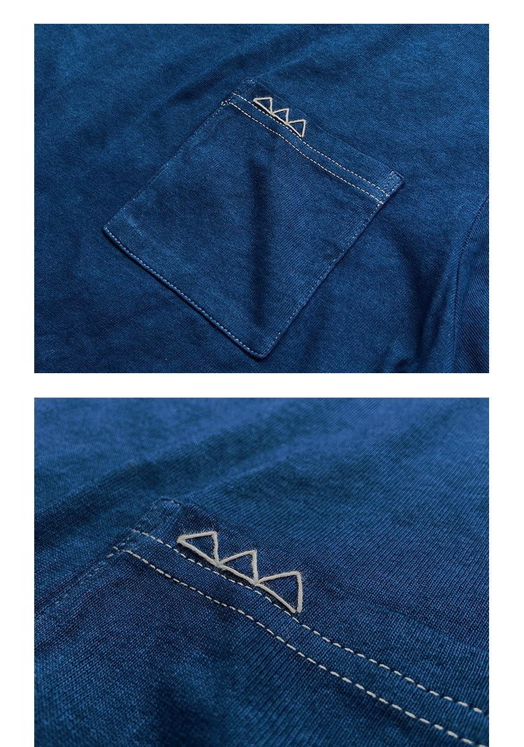Plant indigo dyeing triangular sashiko embroidery pocket indigo short-sleeved solid color round neck T-shirt indigo men