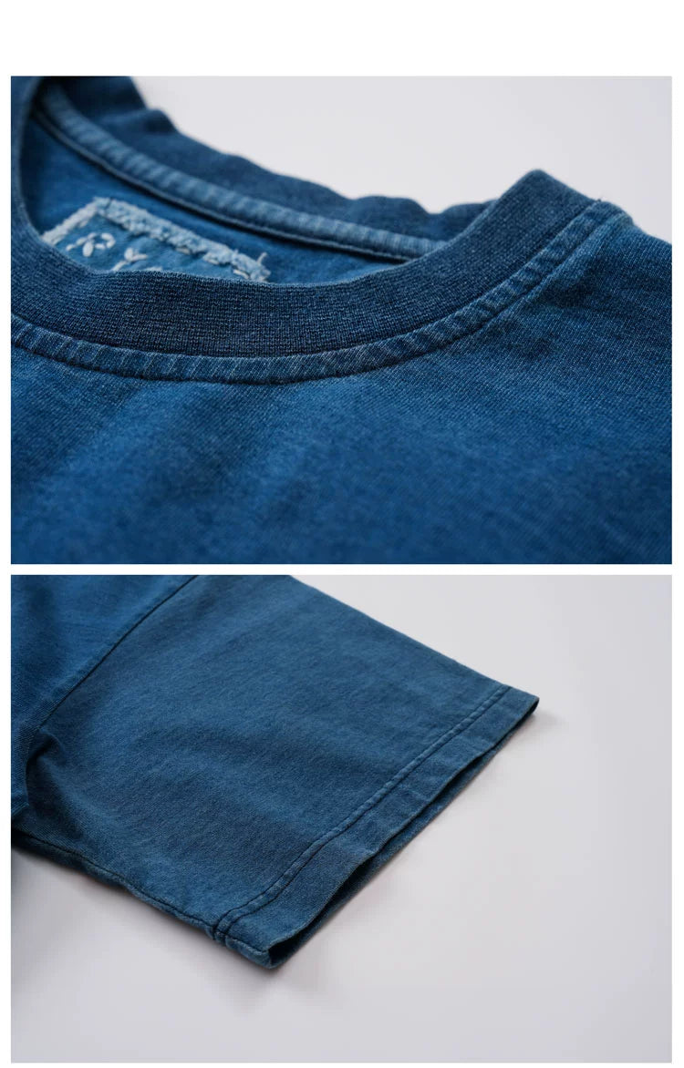 Japanese men's indigo dyed hand-embroidered patch loose short sleeve T-shirt men's summer crewneck T-shirt for men and women