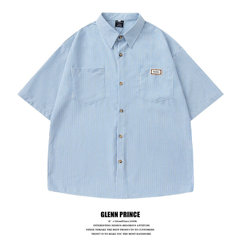 Japanese fashion brand embroidered vertical stripe short sleeve shirt men's summer thin casual and versatile silhouette shirt