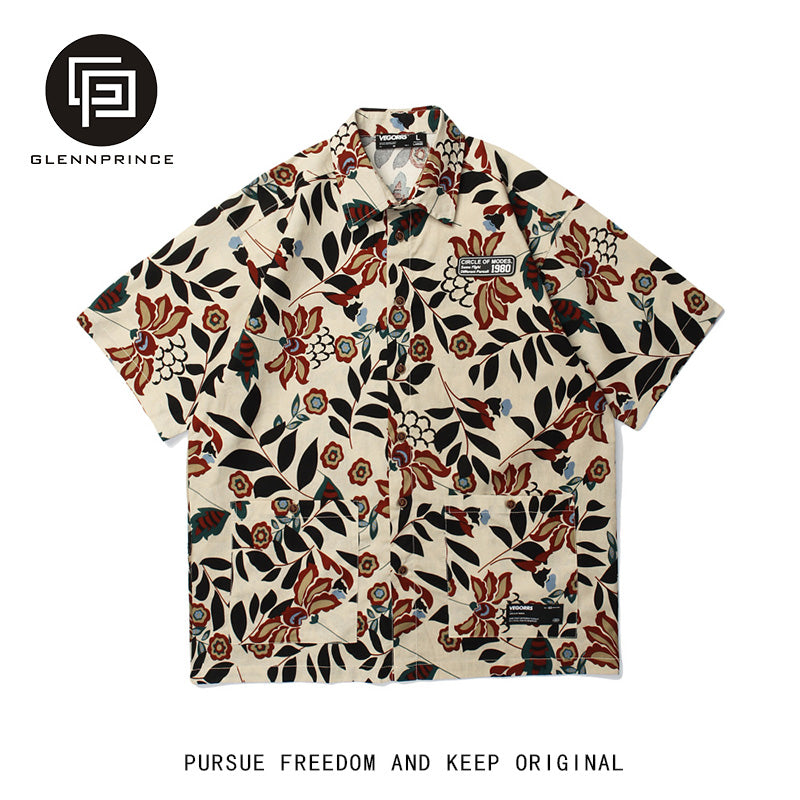 Summer retro fashion brand floral short sleeve shirt men's Hawaiian cotton linen beach linen couple floral shirt Hong Kong style