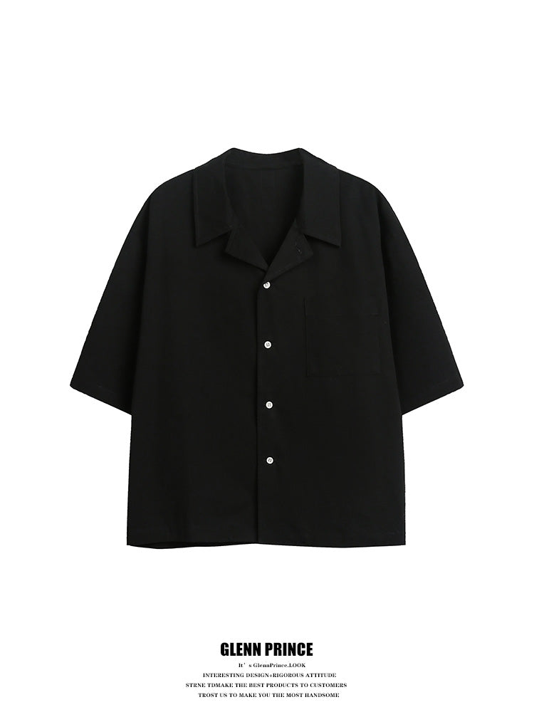 Korean version solid color Cuban collar short sleeve shirt men's summer cleanfit cropped non-iron ice silk shirt