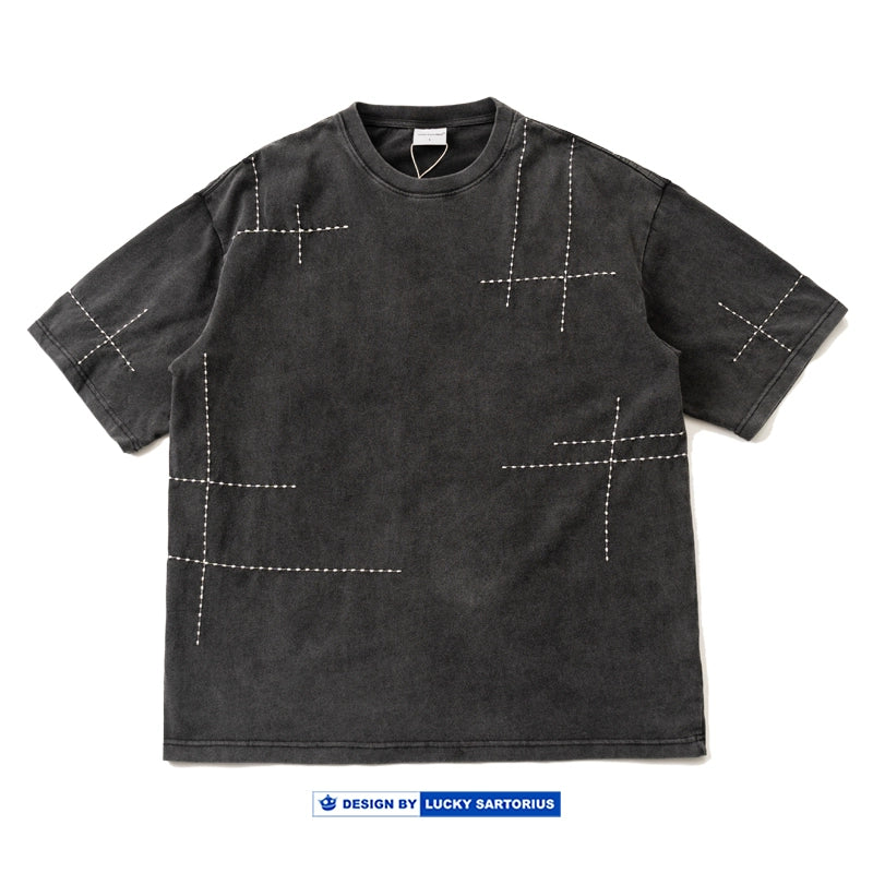 Vintage indigo washed thorn embroidery cotton loose short-sleeved T-shirt summer literary sense youth casual tee