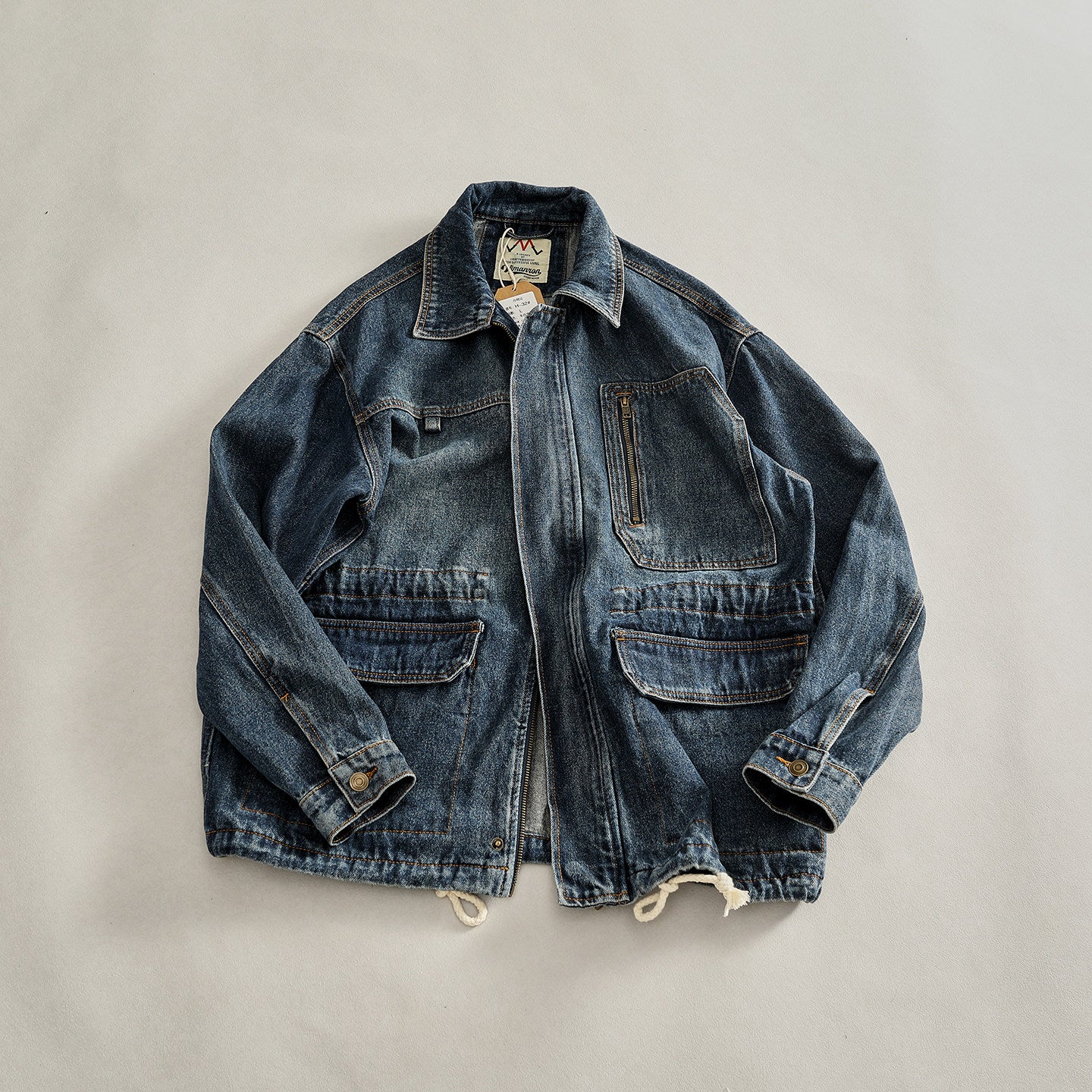 Heavyweight Washed Denim Jacket – Vintage Workwear Multi-Pocket Drawstring Coat