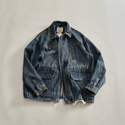 Heavyweight Washed Denim Jacket – Vintage Workwear Multi-Pocket Drawstring Coat