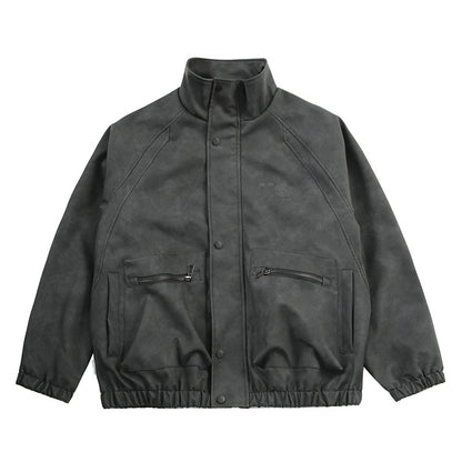 Letter Embroidery Stand-Collar Moto Jacket – American Retro Oversized Unisex