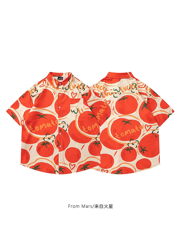 Harajuku wind ins red apricot color white shirt fruit full print lazy summer tide