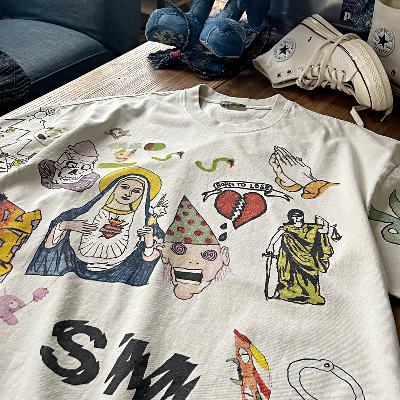 Summer new hand-painted graffiti high street round neck heavy wash high weight cotton loose casual short-sleeved T-shirt men