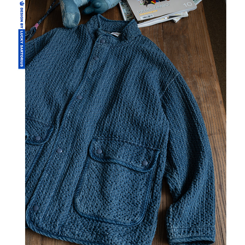 Japanese spring and autumn style, old imitation Kendo cloth texture, stand collar, blue overalls jacket