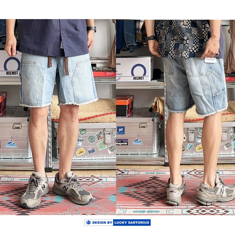 Washed denim elasticated waist shorts Japanese cargo uniform straight leg double knee logging jeans summer youth cropped pants men