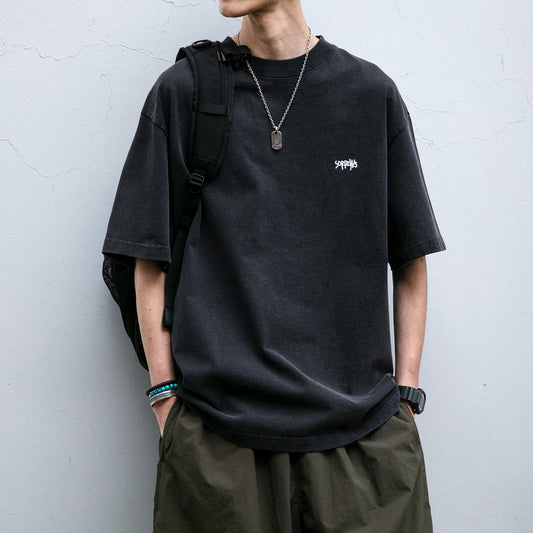 320g Heavy Wash Distressed Short Sleeve T-Shirt Men's Summer Simple Letter Embroidery Vintage Texture Half Sleeve Tide