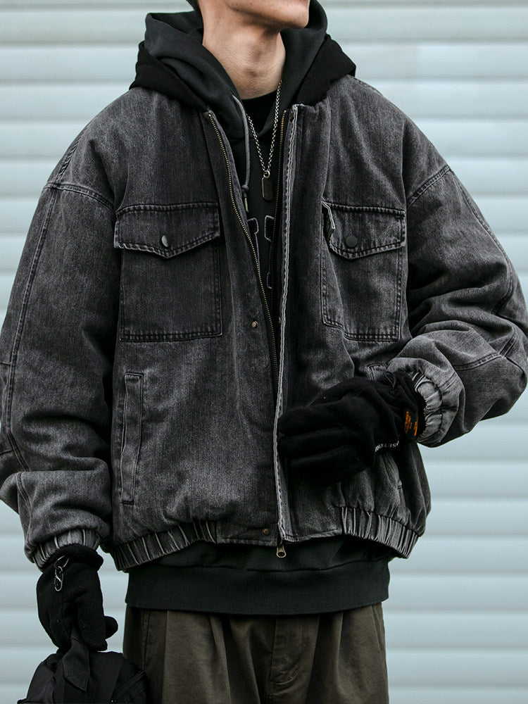 Washed Hooded Denim Patchwork Cotton Jacket – Drop Shoulder Loose Workwear Unisex – Coats Jackets | japanese streetwear | vintage workwear | unisex | Yamalinclothes