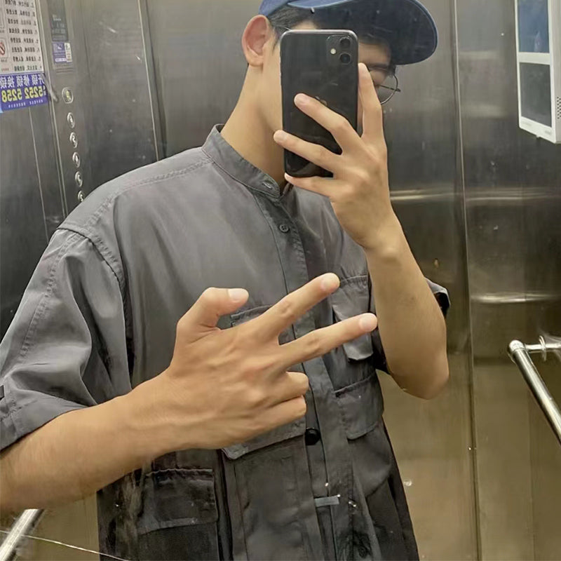 Japanese cityboy function casual loose multi-pocket suit short sleeve shirt