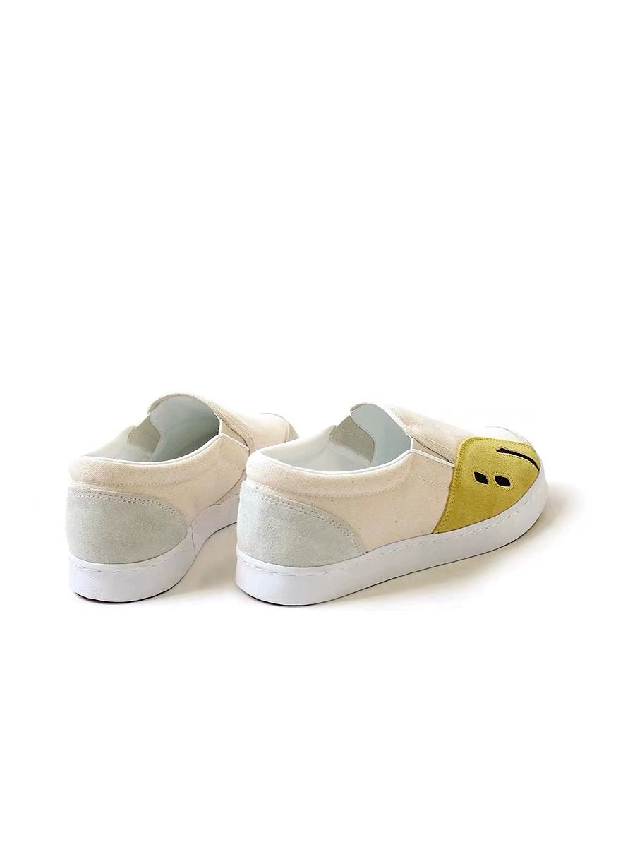leather smiley patch stitching canvas flat one-legged loafers