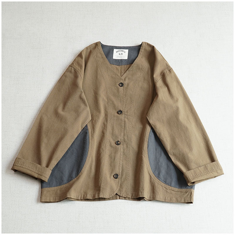 Japanese Color-Blocked V-Neck Pocket Jacket – Retro Cotton Spring/Autumn (Unisex)
