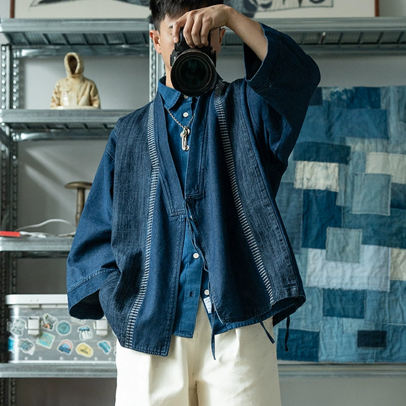 Japanese ethnic style embroidery denim multi-material stitching, loose and lazy, casual retro robe, jacket for men and women