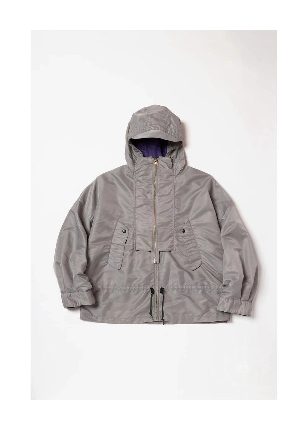 Japanese style two-color nylon waterproof double zipper loose hooded long-sleeved jacket