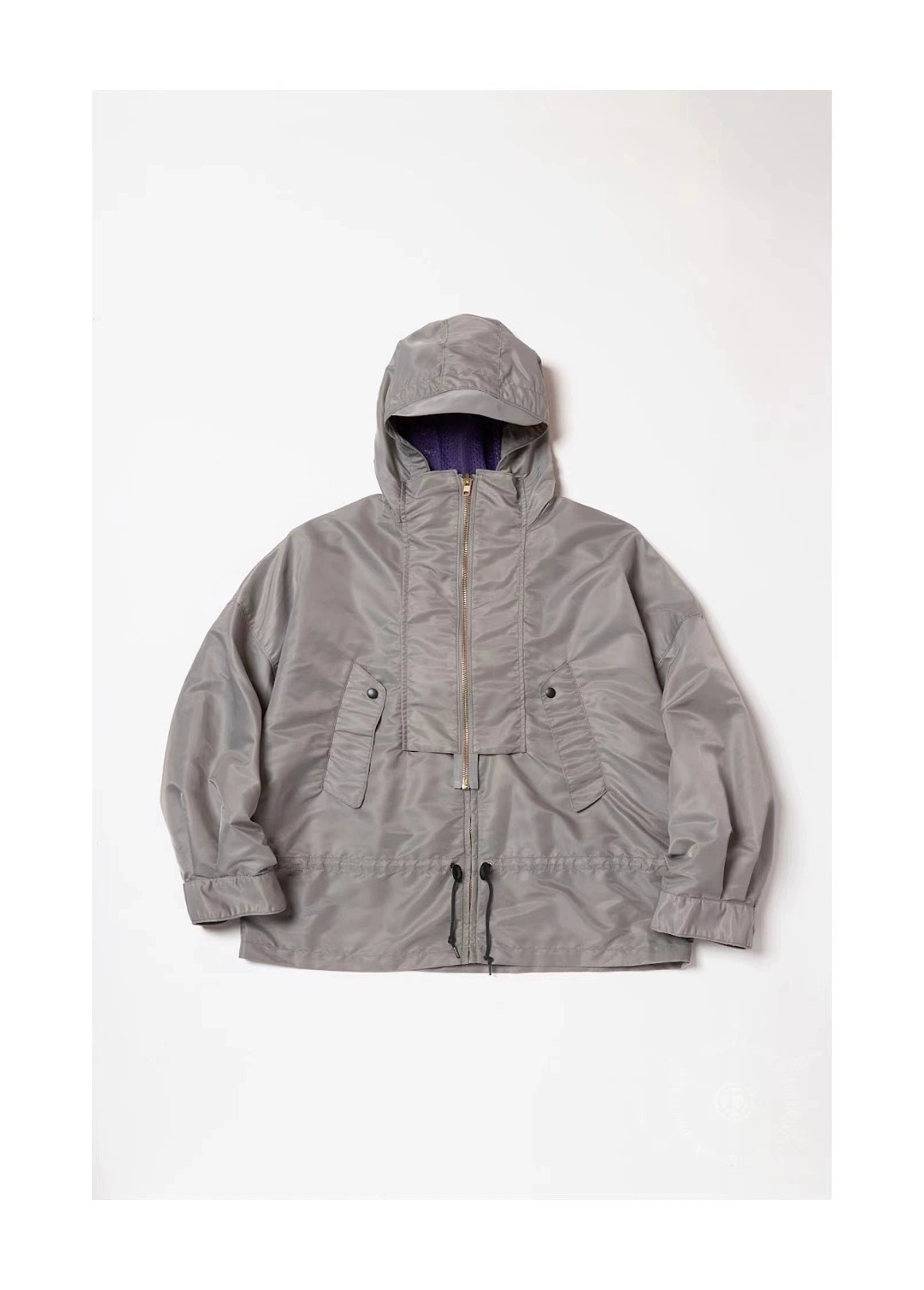 Japanese style two-color nylon waterproof double zipper loose hooded long-sleeved jacket