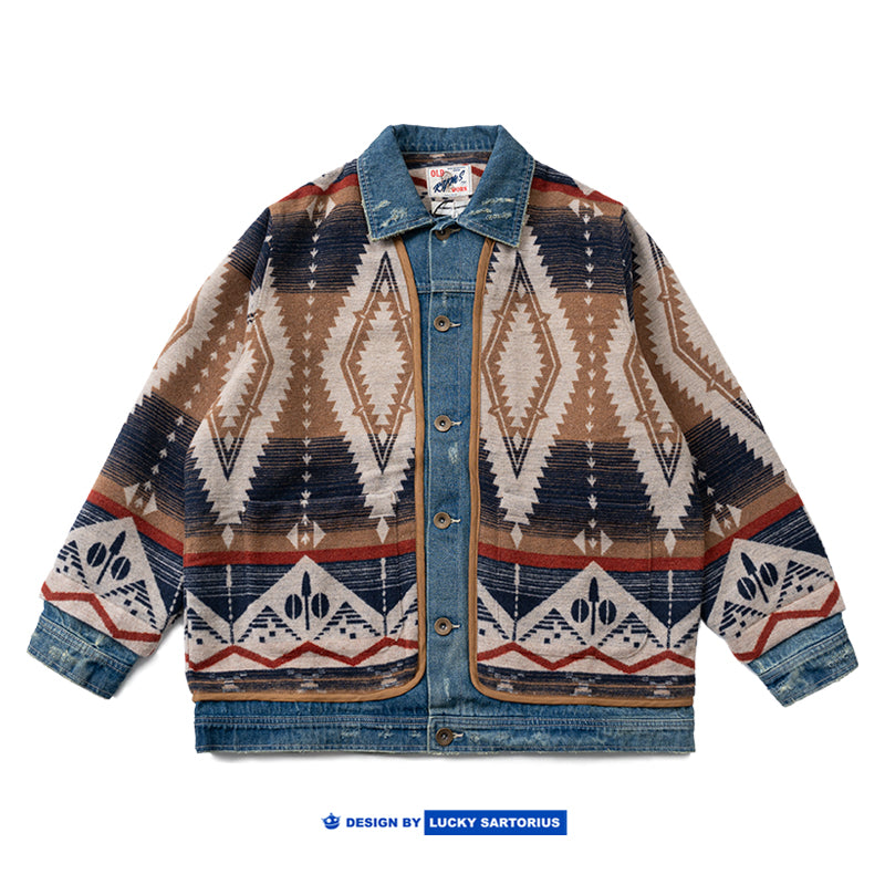 Japanese retro ethnic style woolen denim multi-material stitching deconstructed fake two-piece design jacket jacket men's and women's trend