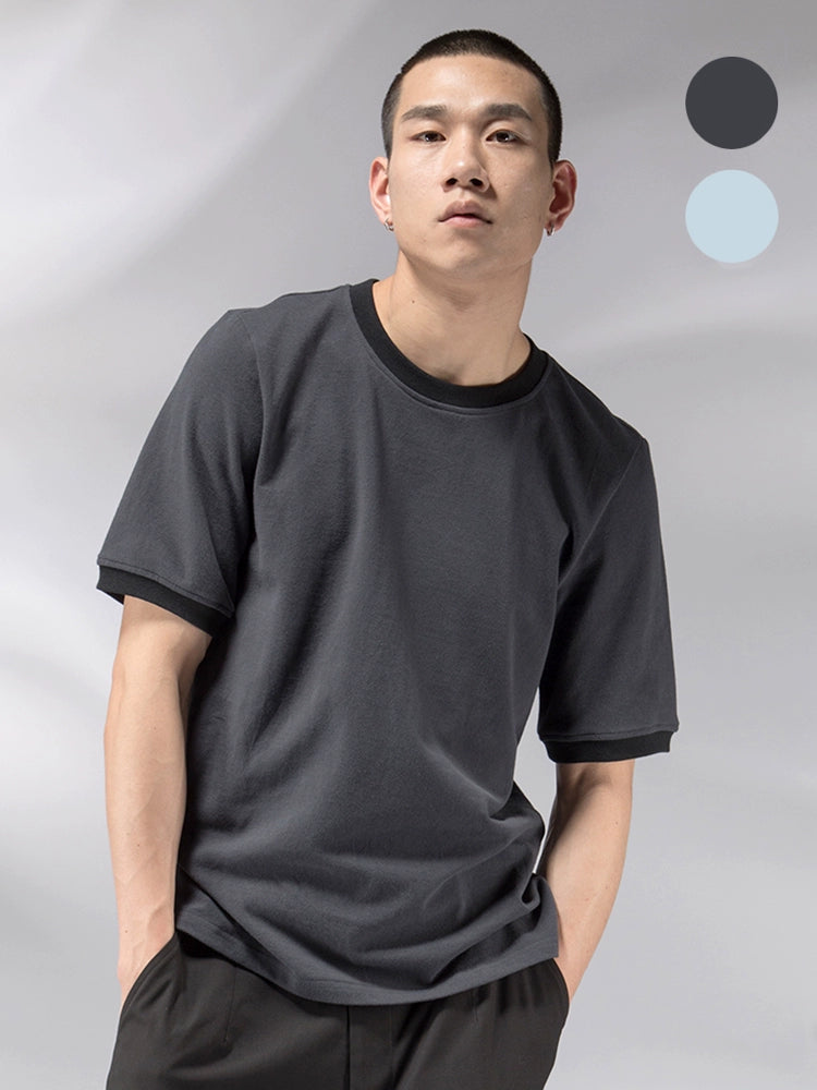 Original new men's casual knitted trendy brand ribbed short-sleeved fitted T-shirt