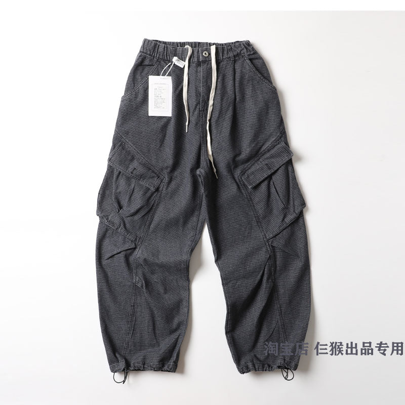 Japanese single click, heavyweight, literary fan, small checkered, loose wide-leg jeans, men's function, retro denim trousers, tide pants