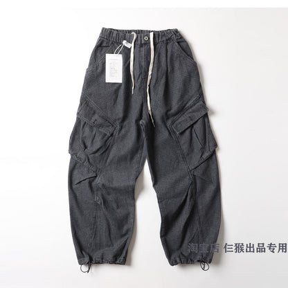 Japanese single click, heavyweight, literary fan, small checkered, loose wide-leg jeans, men's function, retro denim trousers, tide pants