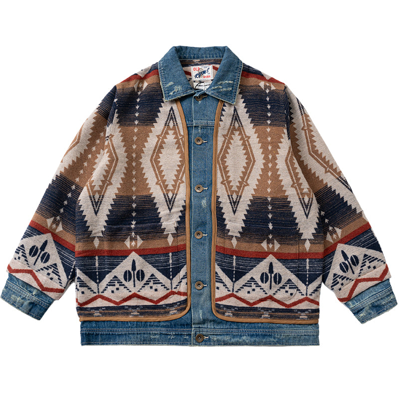 Japanese retro ethnic style woolen denim multi-material stitching deconstructed fake two-piece design jacket jacket men's and women's trend