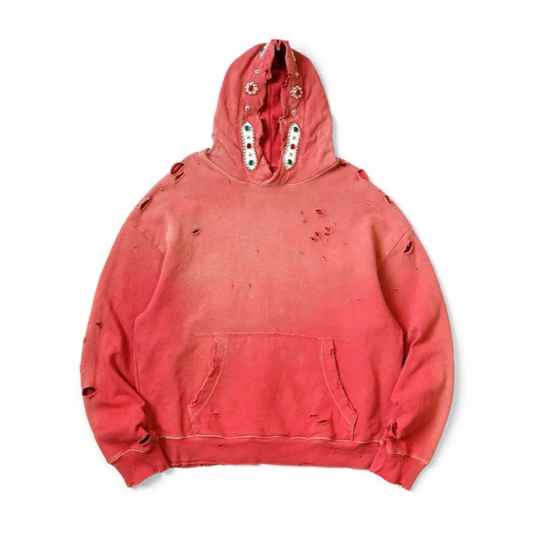 Kapital 25AW Bieber Same Hooded Sweatshirt - Japanese Batik Washed Destruction Gemstone Style