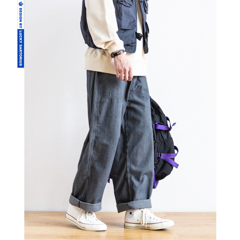 Japanese striped men's pants, trendy loose straight pants, retro wide-leg casual pants, cargo pants, men's and women's literary fan wide-leg pants