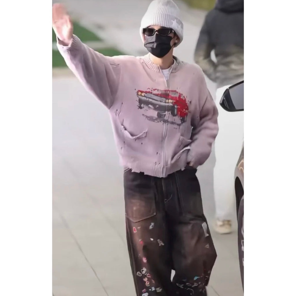 Japanese wash water old fun print jeans wide leg pants