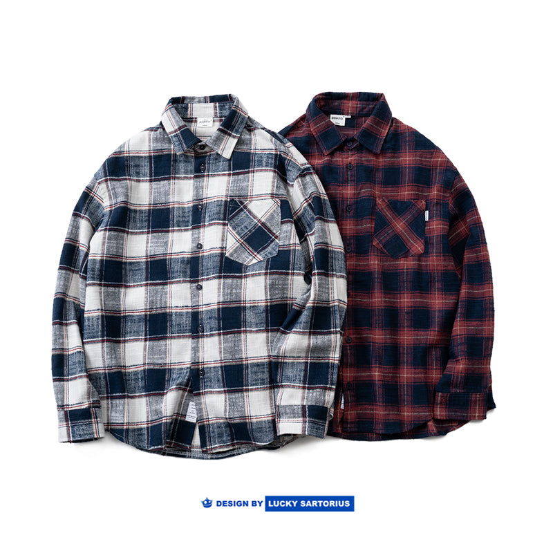 Japanese slub cotton thick long-sleeved plaid shirt