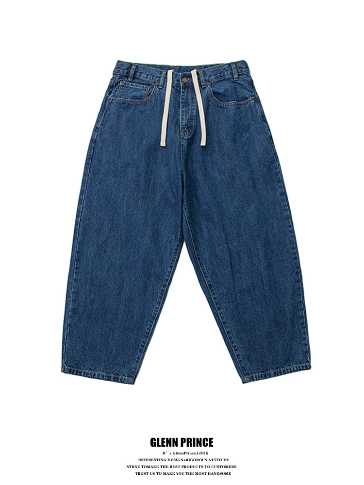 Japanese vintage distressed drawstring straight jeans men's autumn versatile handsome youth wide-leg pants