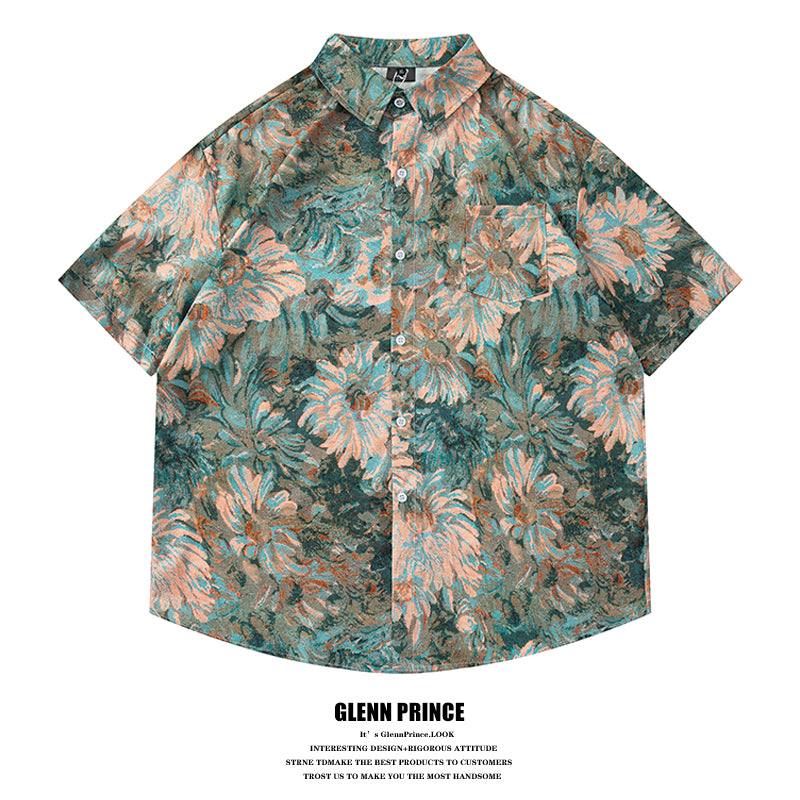 Hong Kong Style Vintage Oil Painting Floral All-over Short Sleeve Shirt Men's Summer Hawaiian Beach Half Sleeve Shirt