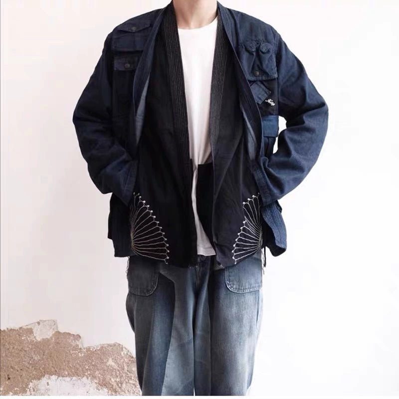 Japanese vintage blue-dyed Japanese-style embroidered casual loose long-sleeved jacket