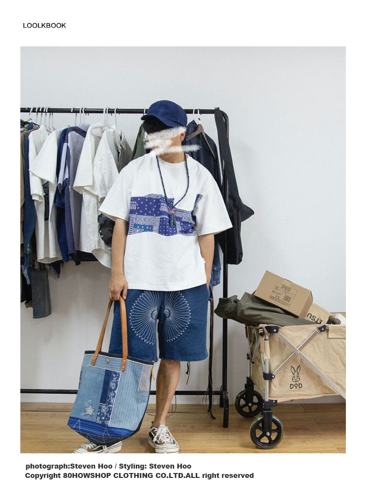 Japanese Blue dyed embroidered chrysanthemum shorts elastic waist