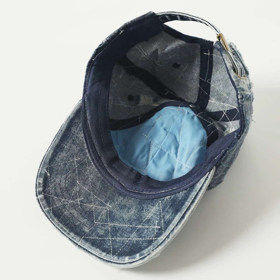 Niche designer brand: vintage ripped patch distressed denim hat, Japanese utility hat