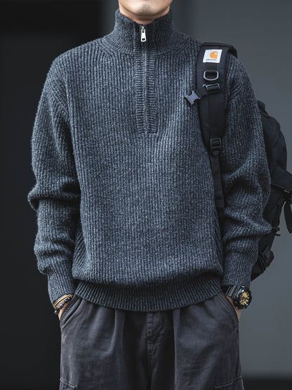 American Vintage Half-Zip Stand Collar Knit Pullover Sweater – Loose Unisex Autumn Winter – Japanese vintage | yamalin clothes | Yamalinclothes