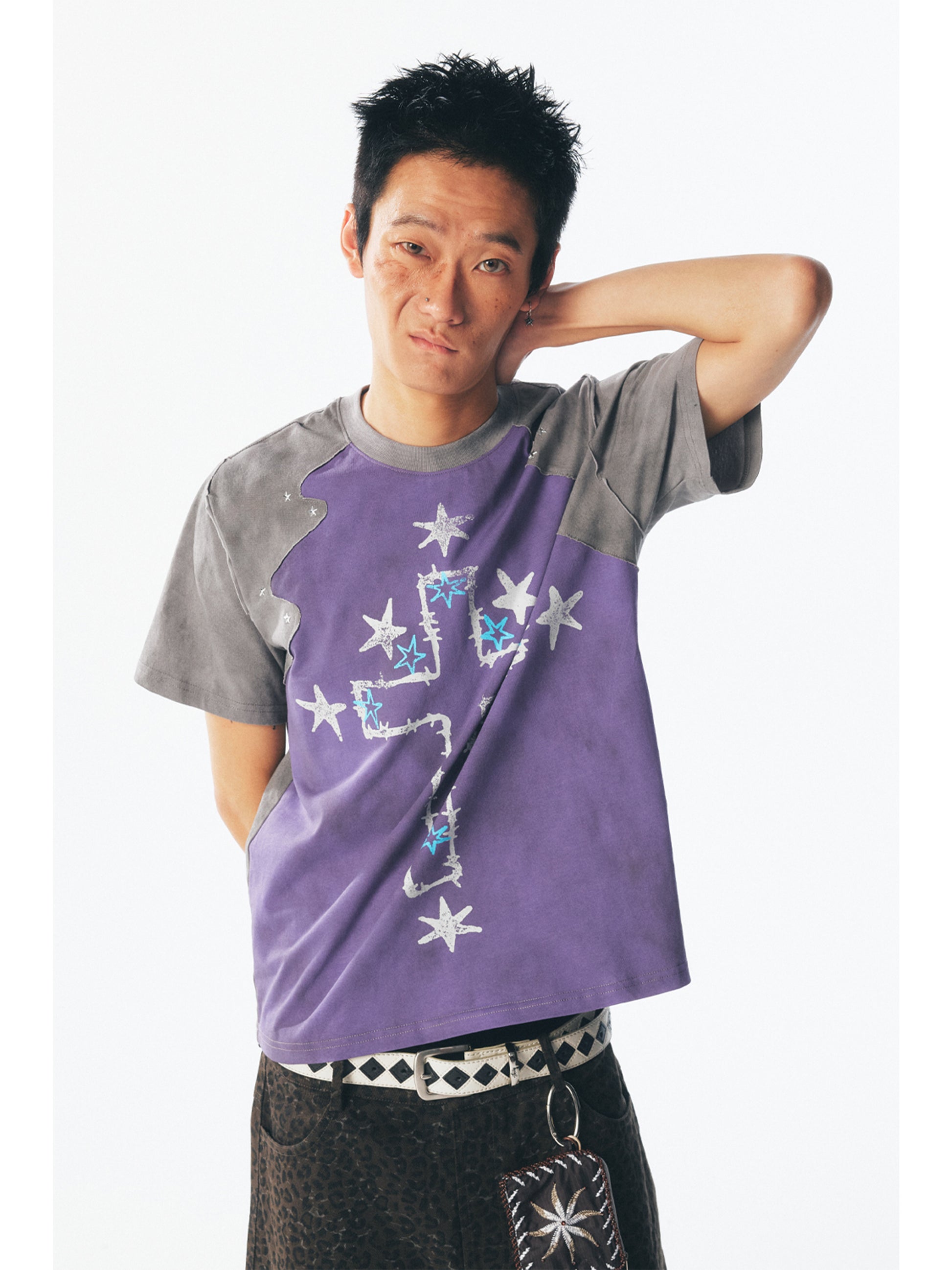 Irregularly patterned patchwork short-sleeved T-shirt – Japanese vintage | yamalin clothes | Yamalinclothes