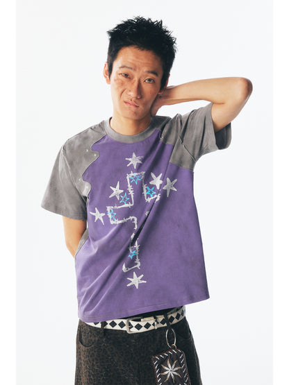 Irregularly patterned patchwork short-sleeved T-shirt – Japanese vintage | yamalin clothes | Yamalinclothes