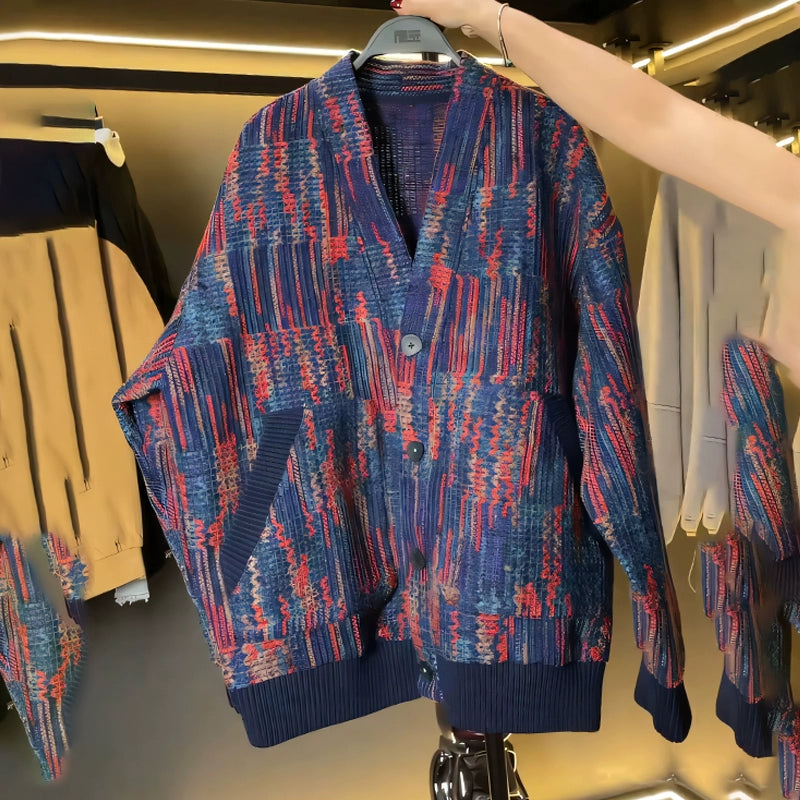 Fall 2024 New Contrasting Knitted Cardigan Jacket Mens American Retro Loose Trend Casual Men's Sweater