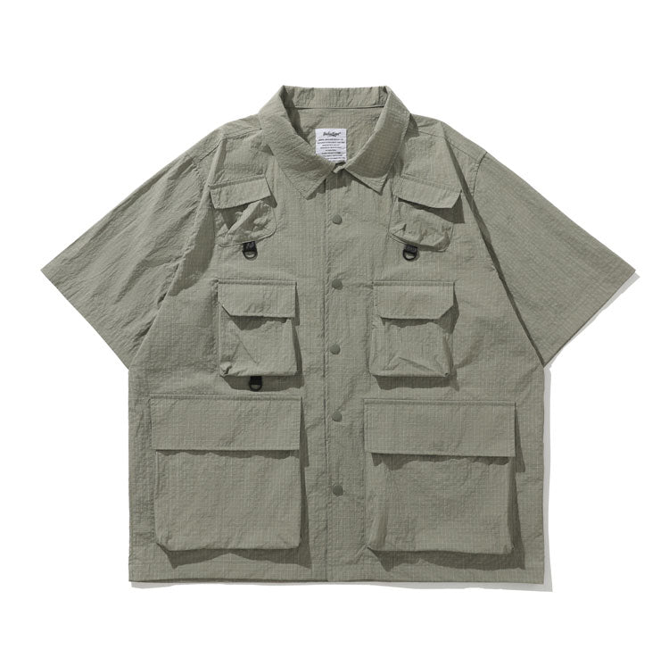 Summer outdoor functional wind three-proof fabric multi-pocket workwear wind multi-pocket loose shirt shorts suit men's wear