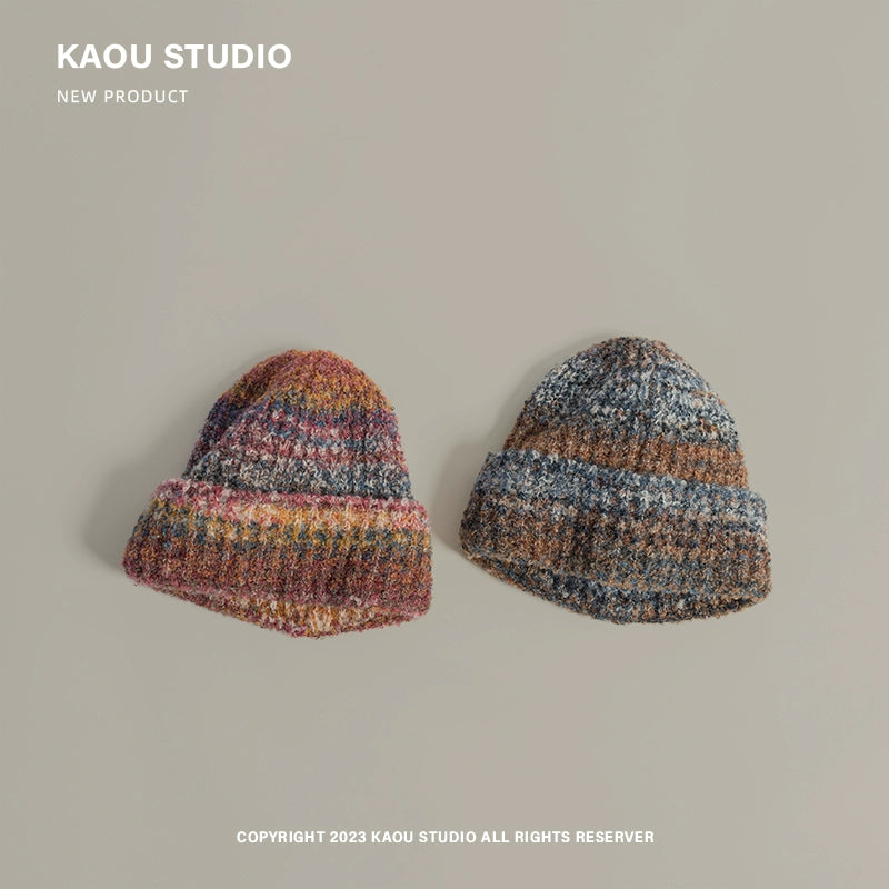 Mixed color wool hat niche design gradient children's knitted hat autumn and winter warm baby ear protection cold hat