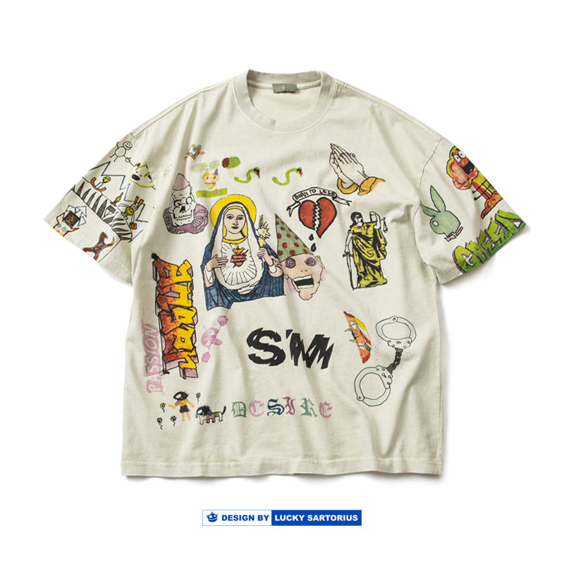 Summer new hand-painted graffiti high street round neck heavy wash high weight cotton loose casual short-sleeved T-shirt men