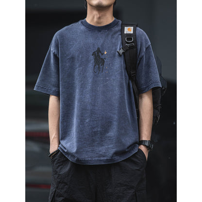 320G heavy cotton batik washed distressed short-sleeved T-shirt men's American retro loose casual versatile half sleeve – Japanese vintage | yamalin clothes | Yamalinclothes