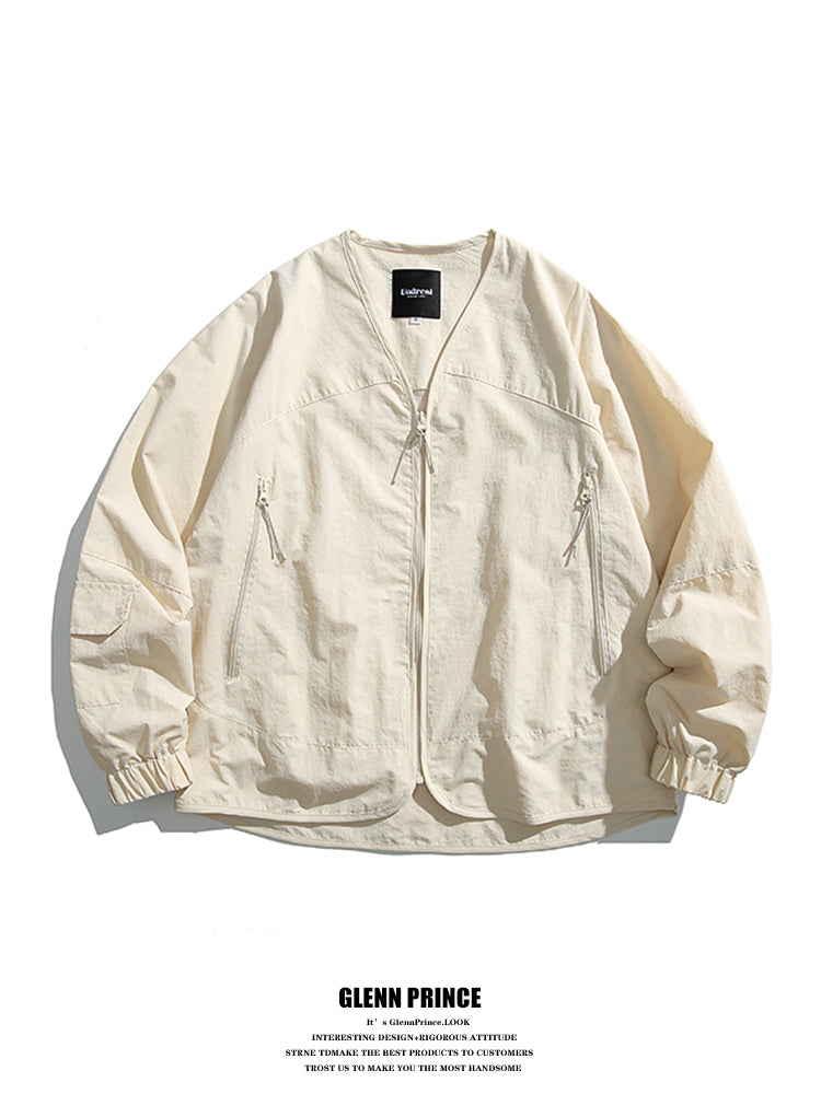 Japanese Vintage V-Neck Thin Cargo Jacket Men's Spring Outdoor Functional Waterproof Collarless Jacket