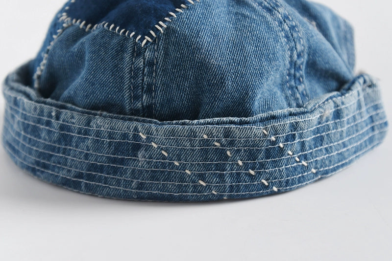 Original design blue dyed ancient cloth stitching denim melon skin hat Japanese retro washed all-match handmade landlord hat for men and women