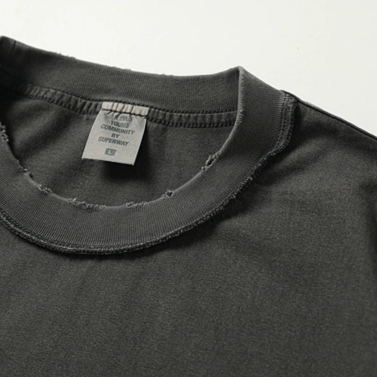 Japanese vintage heavy gradient wash destruction vintage embroidery loose fit short sleeve T-shirt men's and women's T-shirts trendy