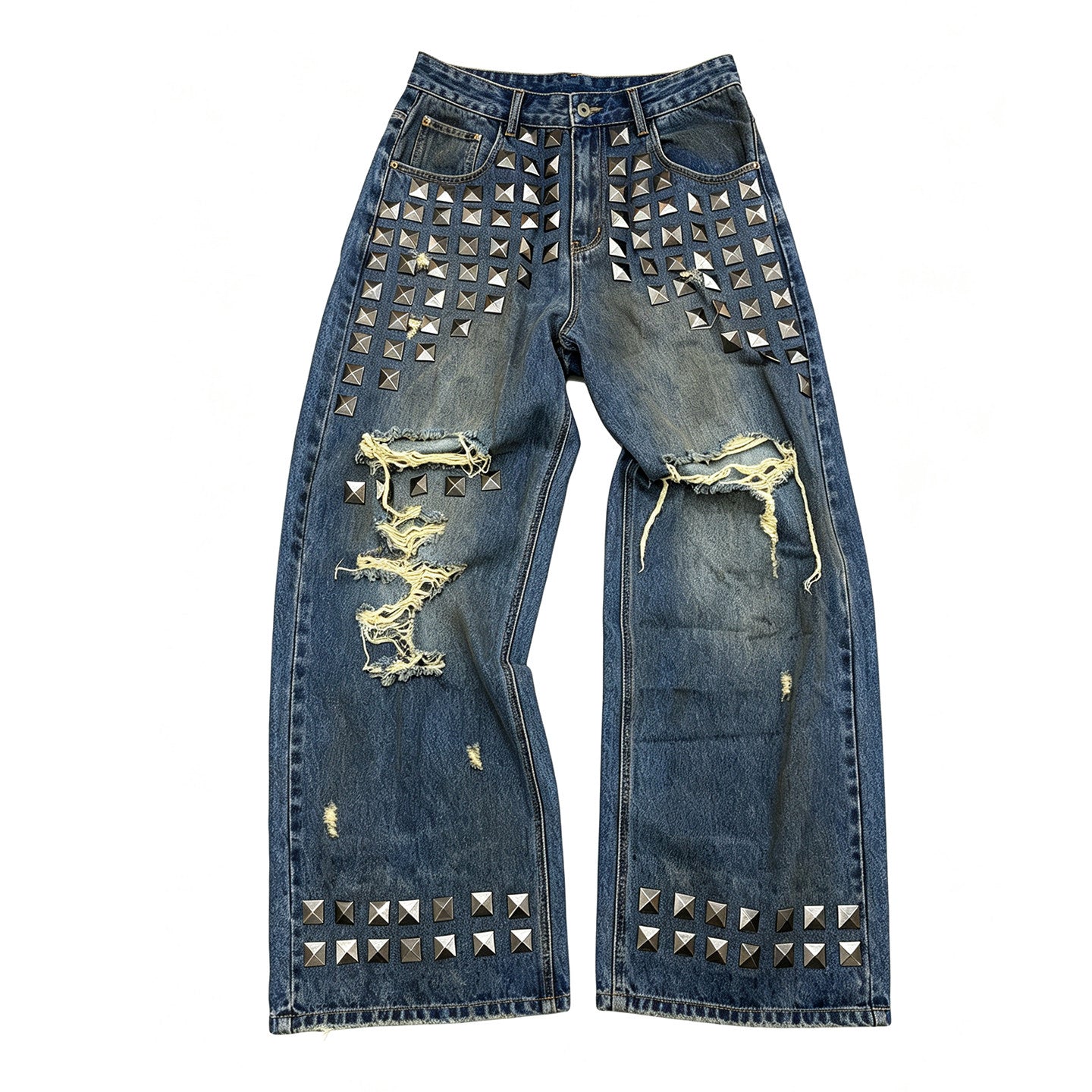 Punk Riveted Ripped Straight-Leg Jeans – Washed Distressed Y2K Vintage Denim