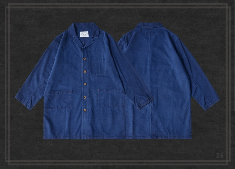 Japanese Retro Indigo Trench Coat - Herringbone Cotton Lightweight Long Coat for Spring/Fall