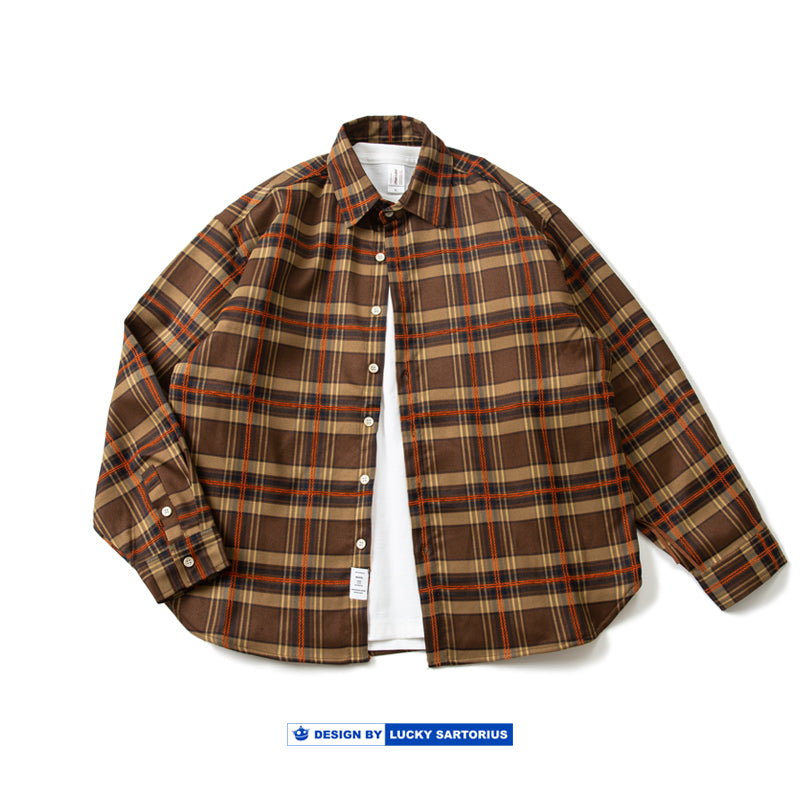 Japanese cityboy loose fit brown    plaid long sleeve shirt