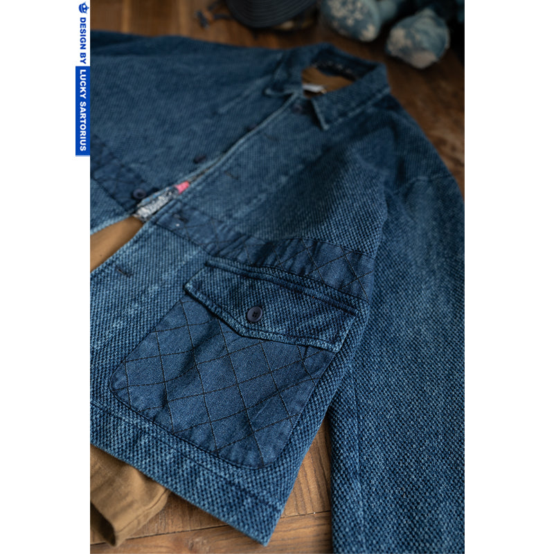 Kendo fabric texture indigo washed old multi-pocket tooling lapel jacket outer for men